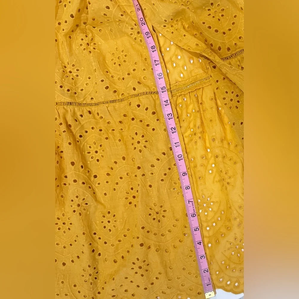 Boho Eyelet Midi Dress Mustard Yellow Sundress Slit Summer Size S - Picture 6 of 8